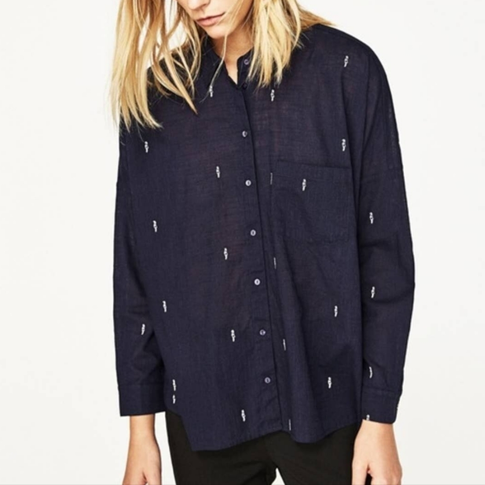 Zara Embroidered Lady Button Shirt Womens XS Blue Boho Retro 90s Y2K Casual